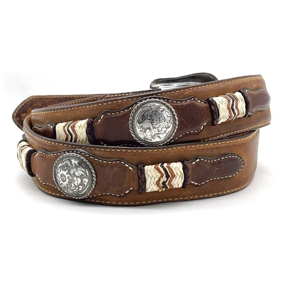 Tony Lama Western Belt Brown Leather Silver Concho Braided Accents Mens Size 40 - Picture 1 of 13